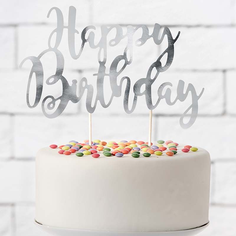 Cake Topper Happy Birthday in Silber